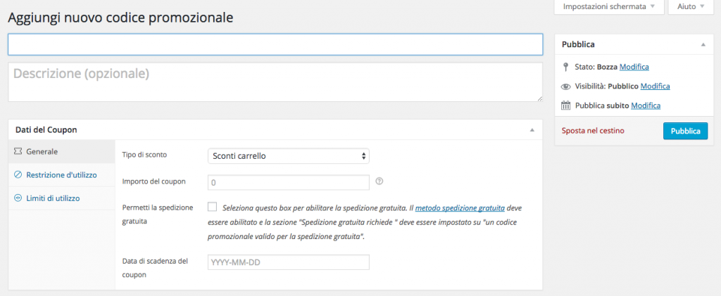 aggiungere un nuovo codice promozionale in woocommerce