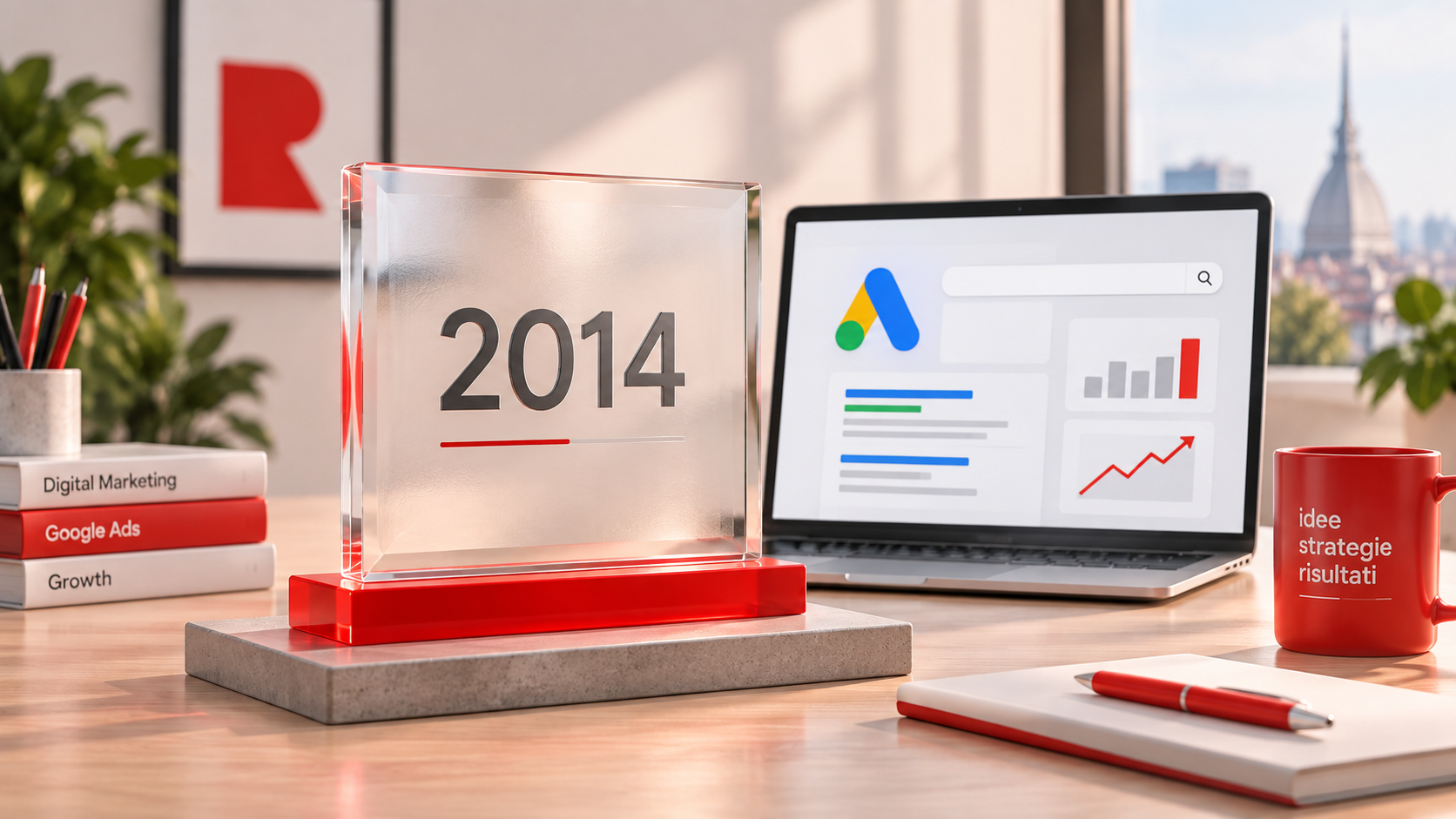 Rappresentazione del riconoscimento Google Partner ottenuto da Redomino nel 2014, con un documento celebrativo e riferimenti alle campagne pubblicitarie.