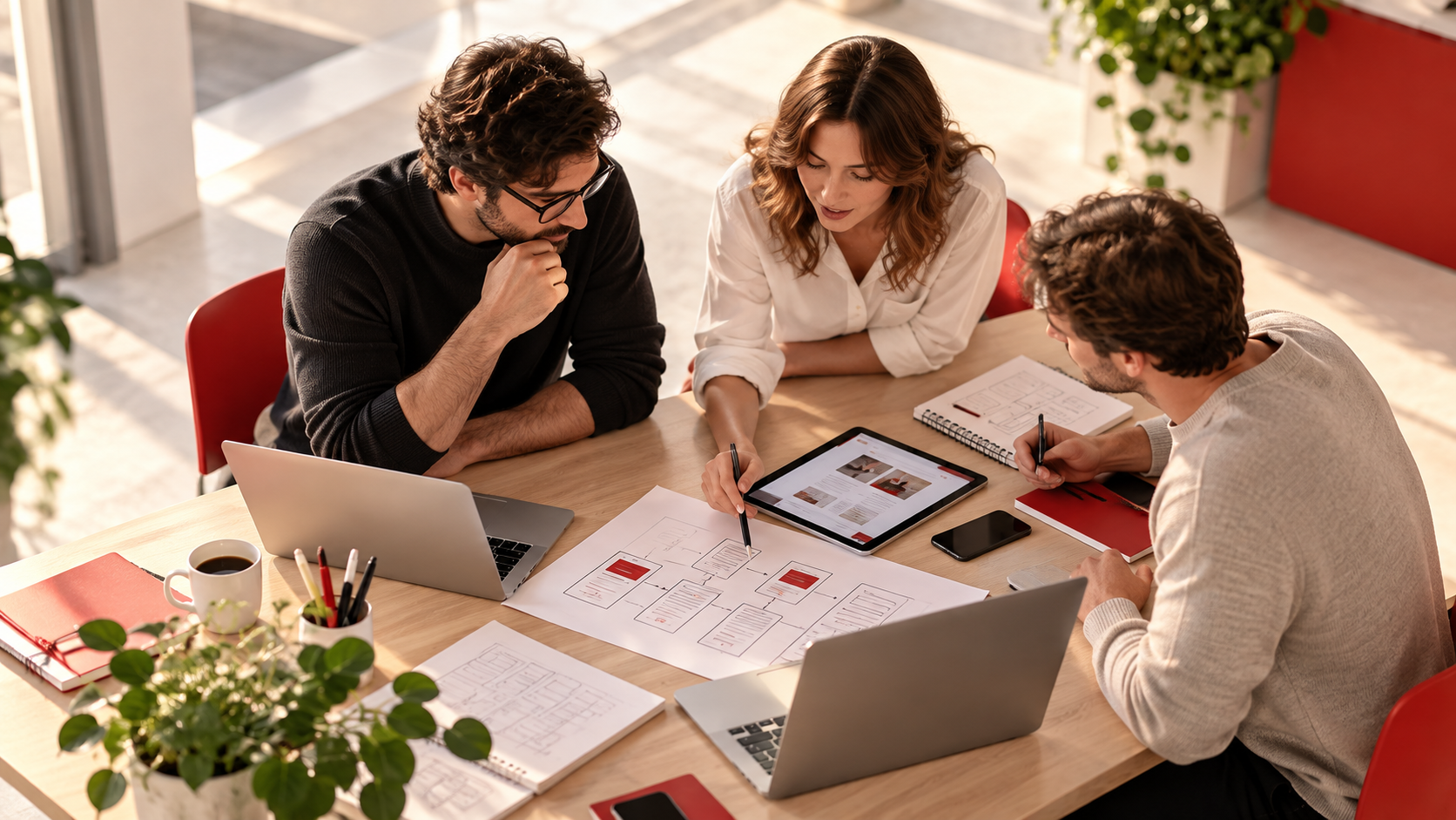 Tre professionisti collaborano attorno a un tavolo alla progettazione di un sito web, condividendo idee e competenze.
