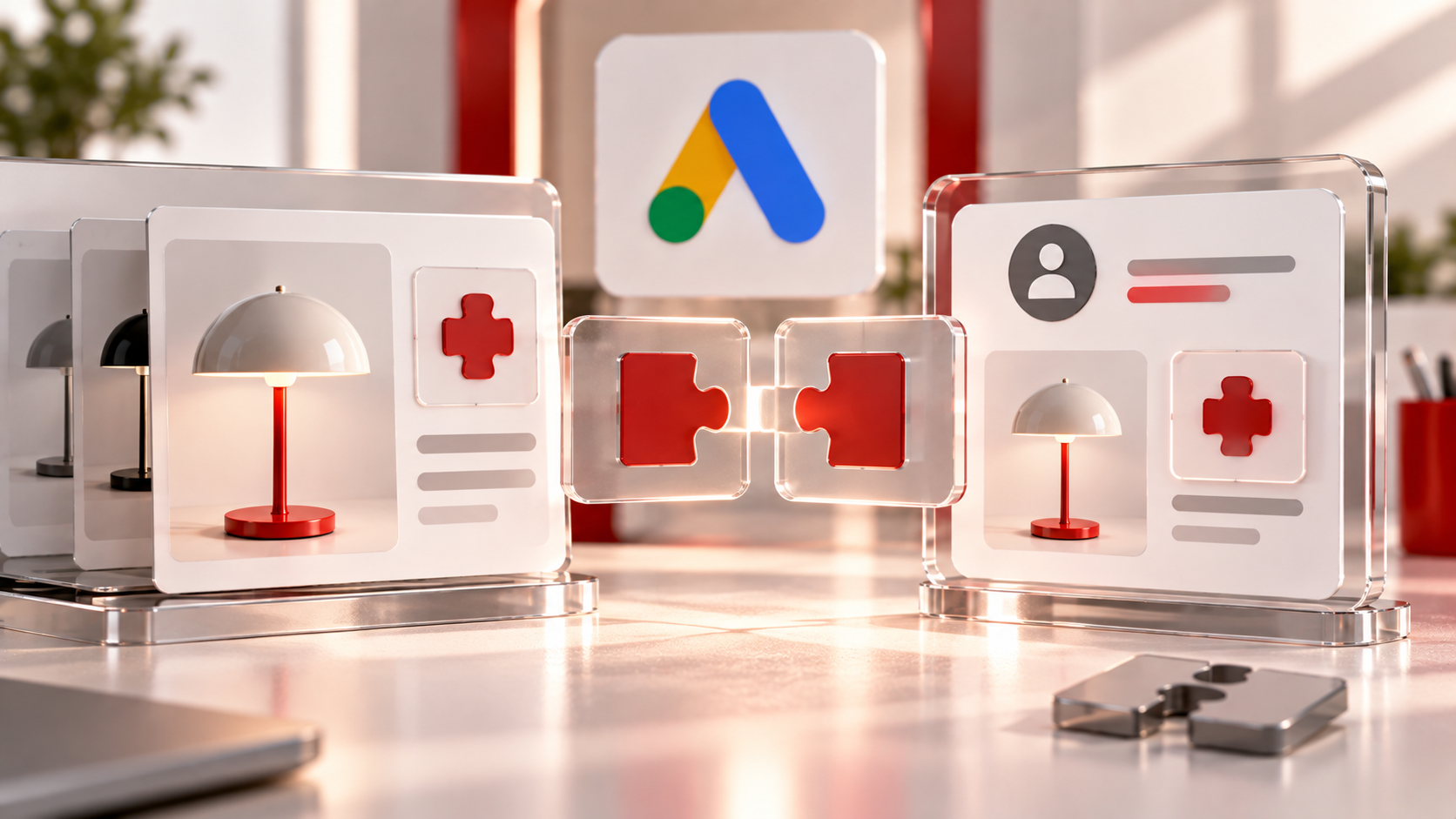 Due schede tecniche con identificativi visivi corrispondenti rappresentano l'associazione tra eventi di tracciamento e prodotti del feed Google Ads.