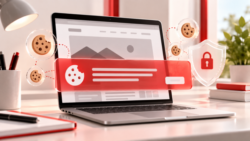 Rappresentazione di un sito web con un avviso sui cookie in primo piano e simboli dei dati di navigazione sullo sfondo.