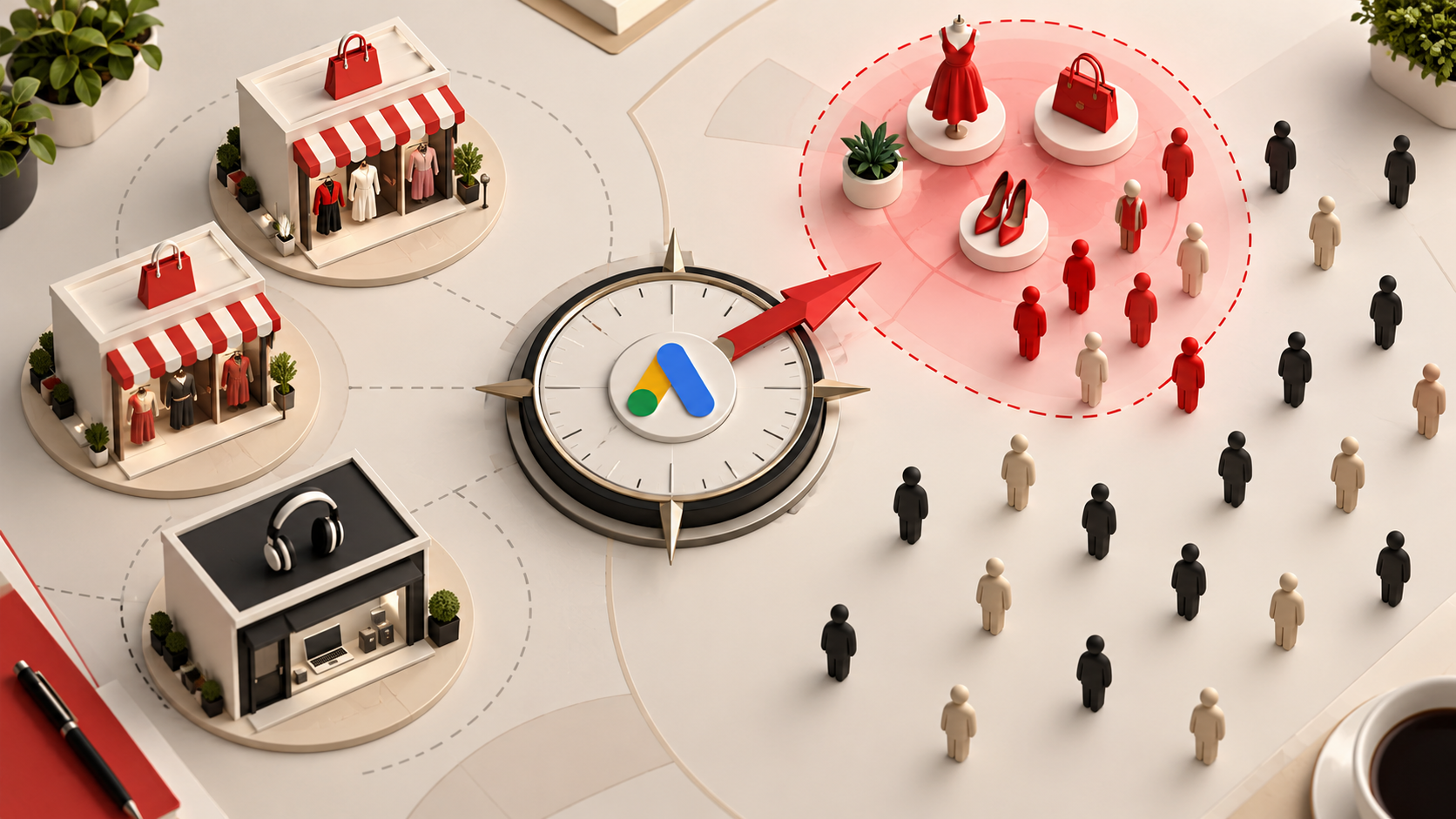 Simbolo Google Ads accanto a una mappa di interessi di mercato costruita a partire da riferimenti a siti concorrenti, senza accedere ai loro visitatori.