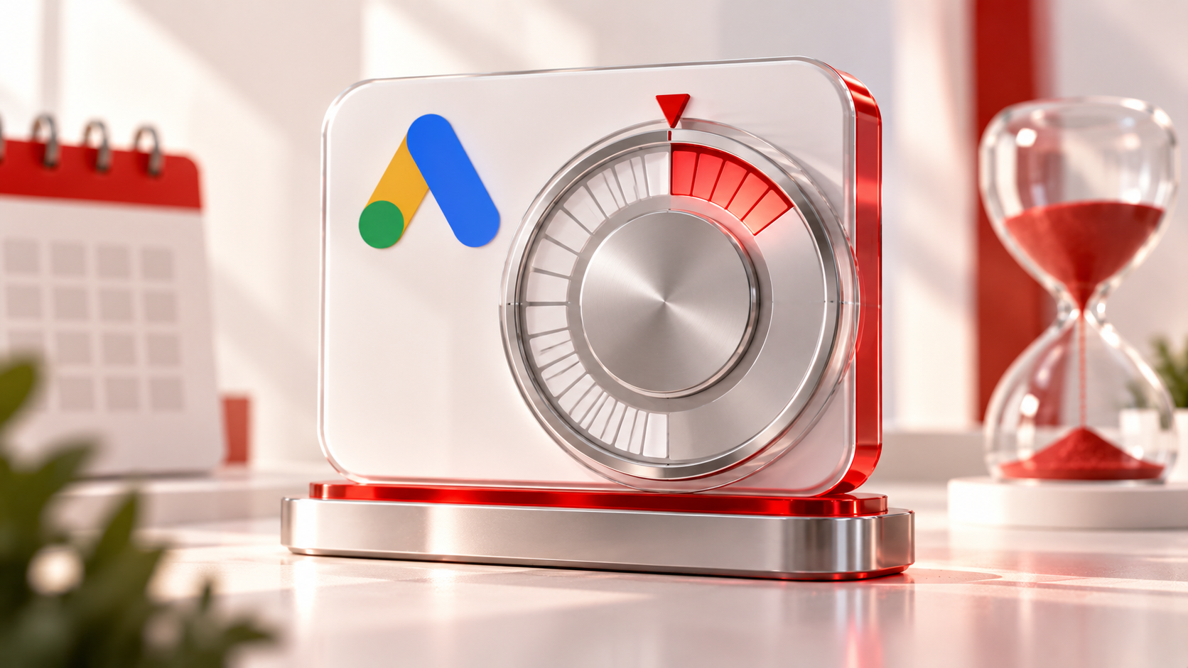 Simbolo Google Ads accanto a un meccanismo di conto alla rovescia che rappresenta l'aggiornamento automatico del tempo rimanente alla scadenza di una promozione.