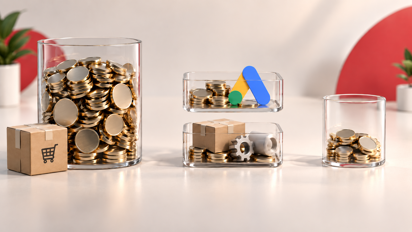 Rappresentazione del valore delle vendite suddiviso tra investimento Google Ads, costi aziendali e margine residuo, per illustrare la differenza tra ROAS e profitto.