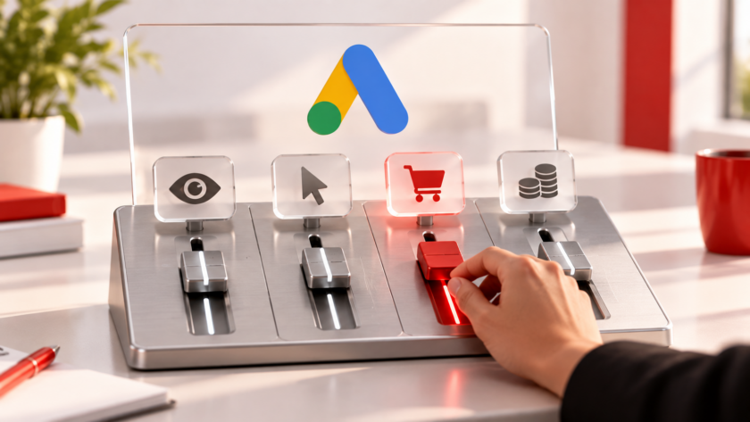 Console Google Ads con quattro controlli per visibilità, traffico, conversioni e valore economico. Una mano seleziona l'obiettivo delle conversioni.