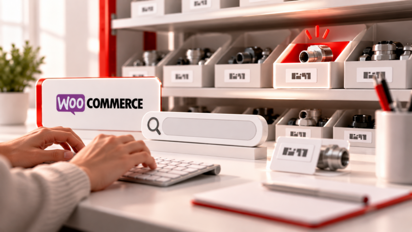 Catalogo WooCommerce con numerosi ricambi simili, uno dei quali viene individuato attraverso la ricerca per codice SKU.