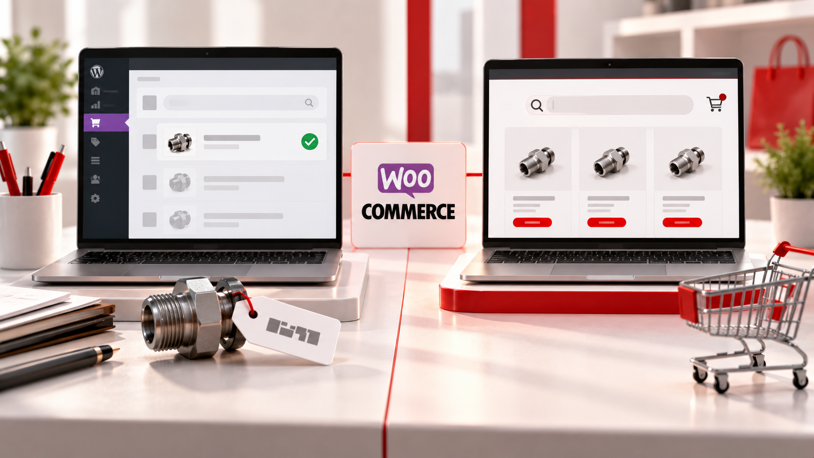 Due postazioni WooCommerce distinte rappresentano la ricerca di un codice SKU nel pannello amministrativo e nel negozio online, evidenziando che i risultati possono essere differenti.