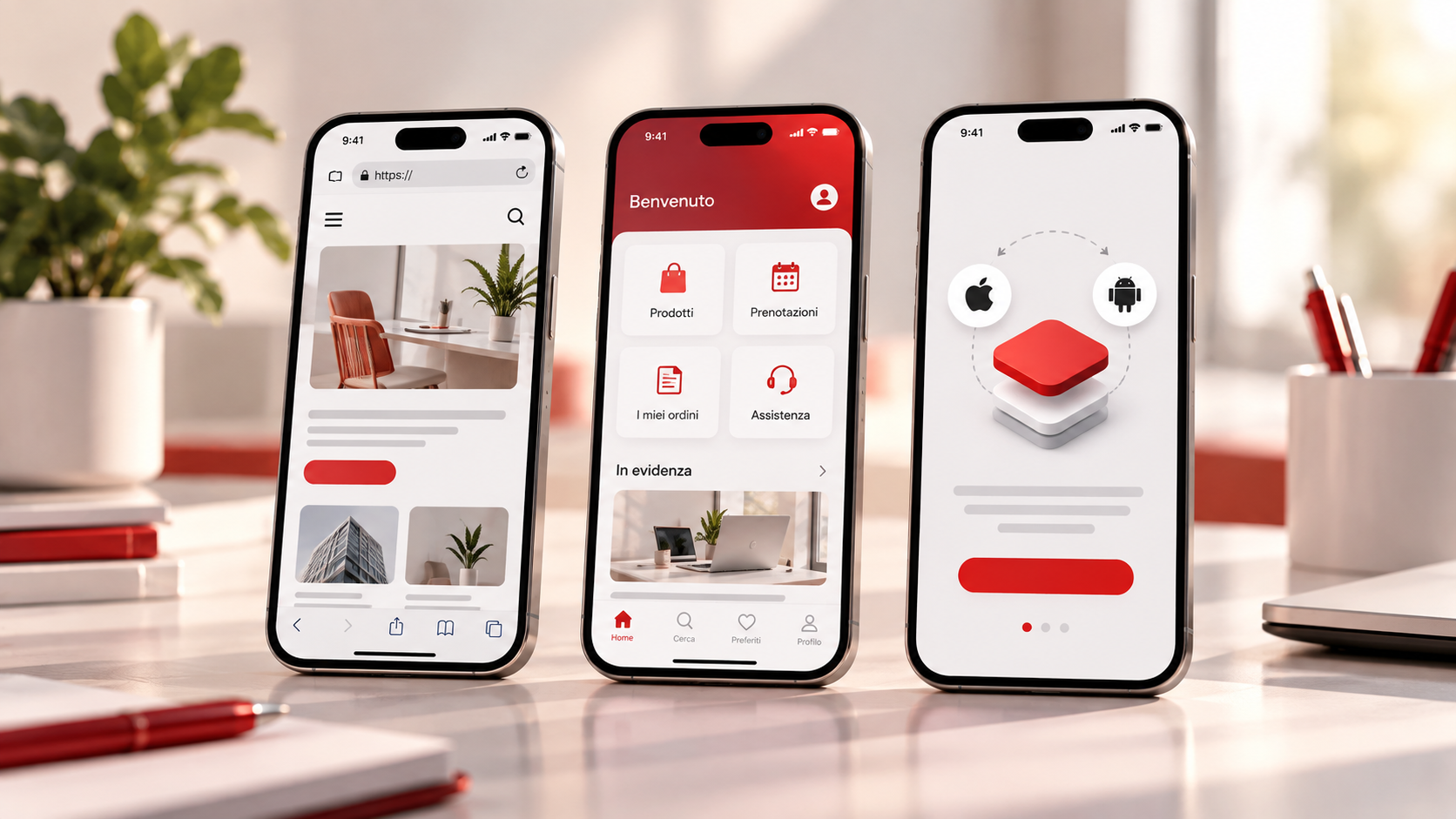 Tre smartphone rappresentano le alternative tra sito web mobile, app nativa e applicazione cross-platform.