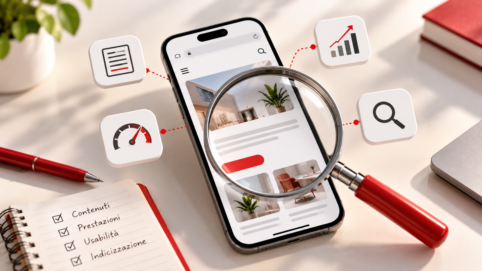 Smartphone con sito web analizzato attraverso una lente d'ingrandimento e indicatori di ottimizzazione SEO mobile.