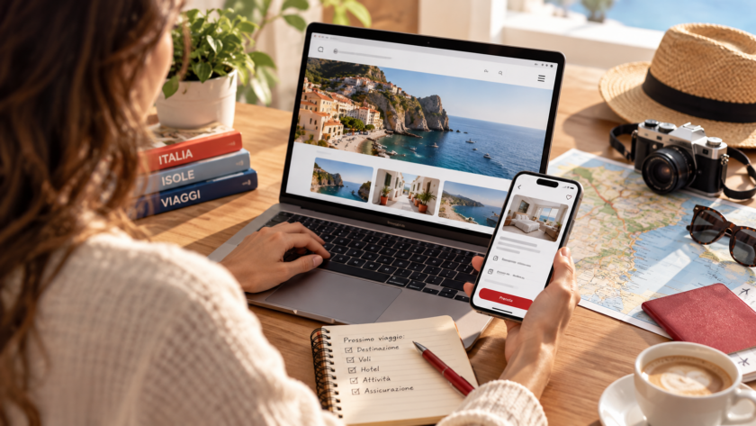 Viaggiatore digitale organizza una vacanza consultando una destinazione sul laptop e una prenotazione sullo smartphone.