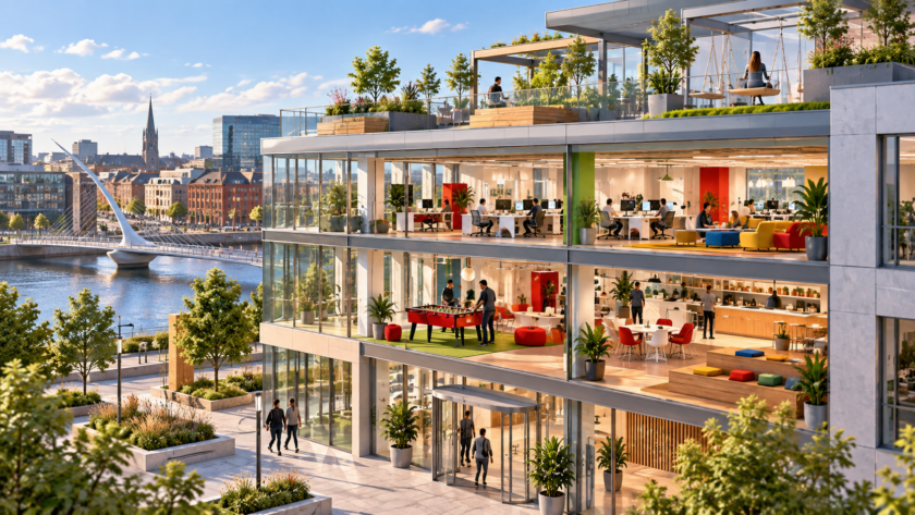 Illustrazione di un edificio tecnologico con uffici colorati, spazi ricreativi e terrazza verde, ispirata alla visita di Redomino a Google Dublino nel 2015.