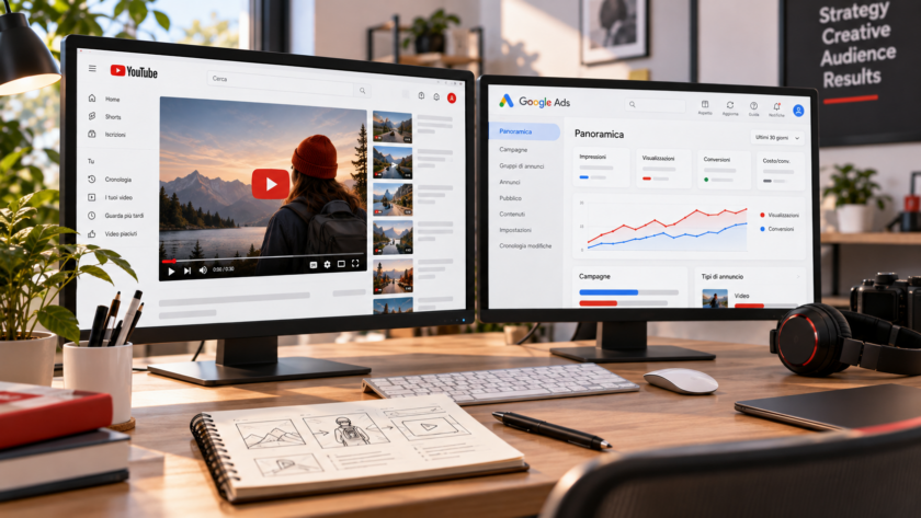 Postazione professionale con un video su YouTube e una dashboard Google Ads per analizzare le campagne pubblicitarie.