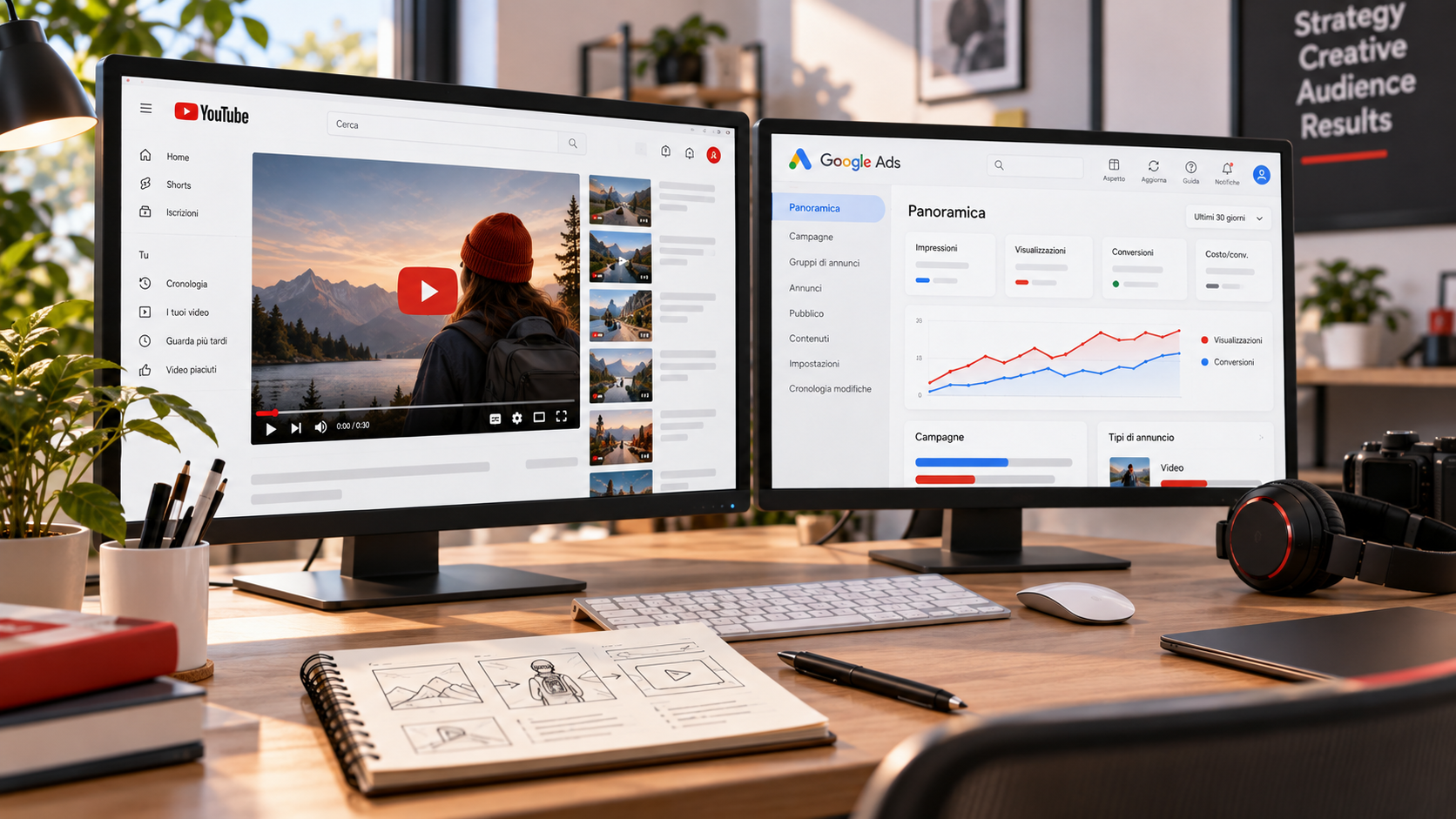 Postazione professionale con un video su YouTube e una dashboard Google Ads per analizzare le campagne pubblicitarie.