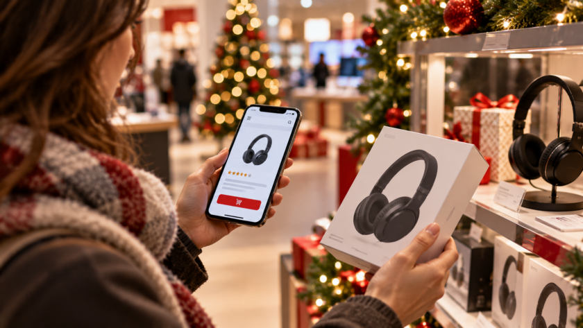 Cliente utilizza lo smartphone per confrontare un prodotto in un negozio decorato per Natale.