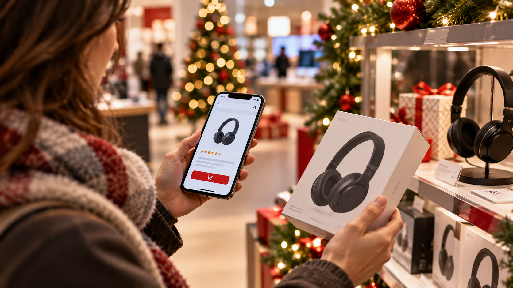 Cliente utilizza lo smartphone per confrontare un prodotto in un negozio decorato per Natale.