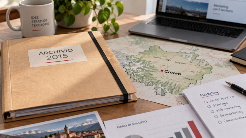 Fascicolo d'archivio del 2015 su una scrivania con una cartina della provincia di Cuneo e materiali per la pianificazione marketing.