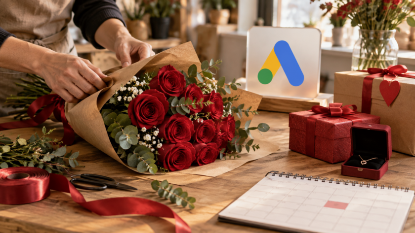 Preparazione di una campagna Google Ads per San Valentino con bouquet, regali e calendario delle scadenze commerciali.