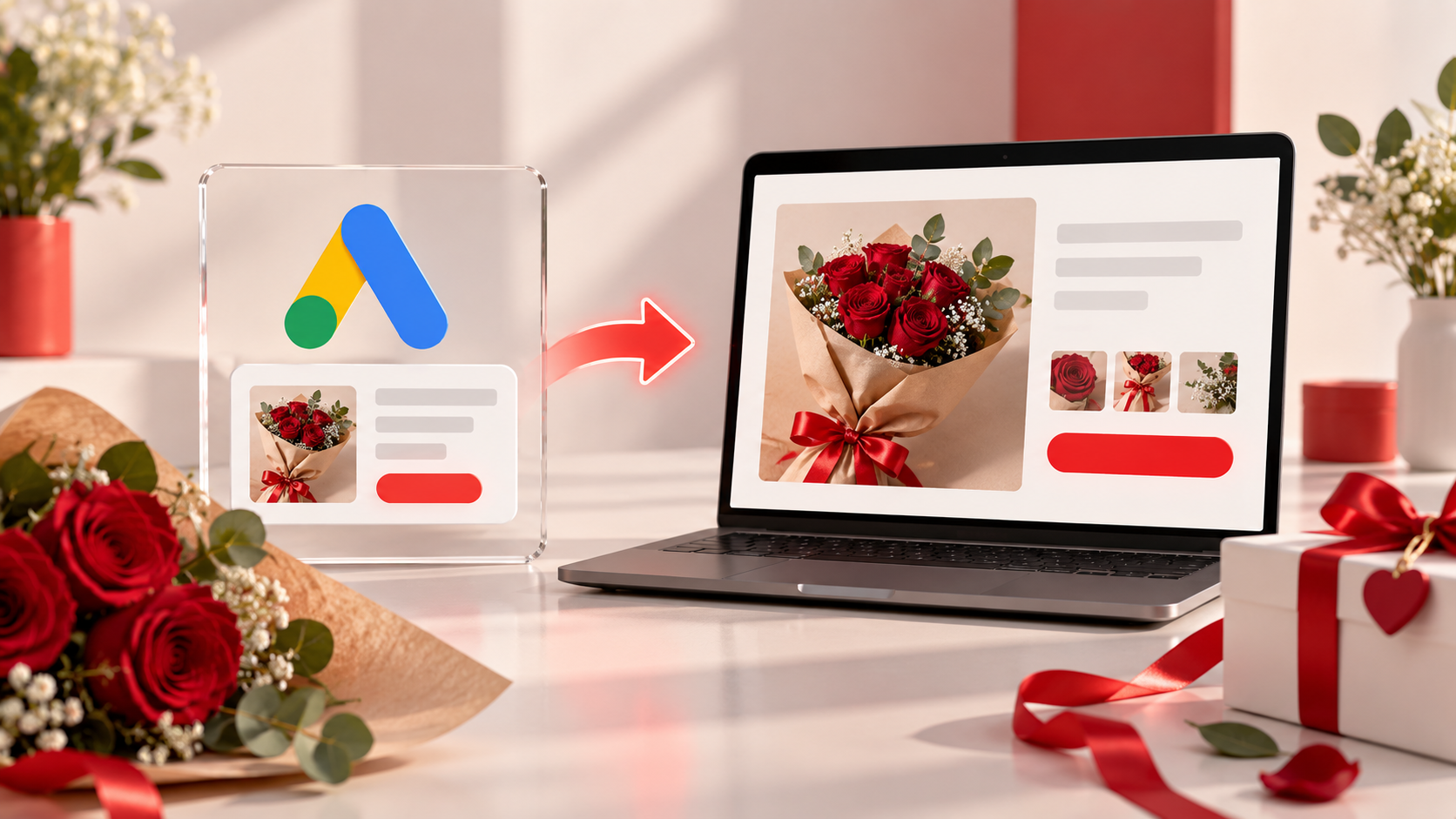 Un&rsquo;offerta di San Valentino promossa con Google Ads corrisponde a una pagina dedicata con prodotto, confezione regalo e dettagli utili, a rappresentare la coerenza tra annuncio e destinazione.