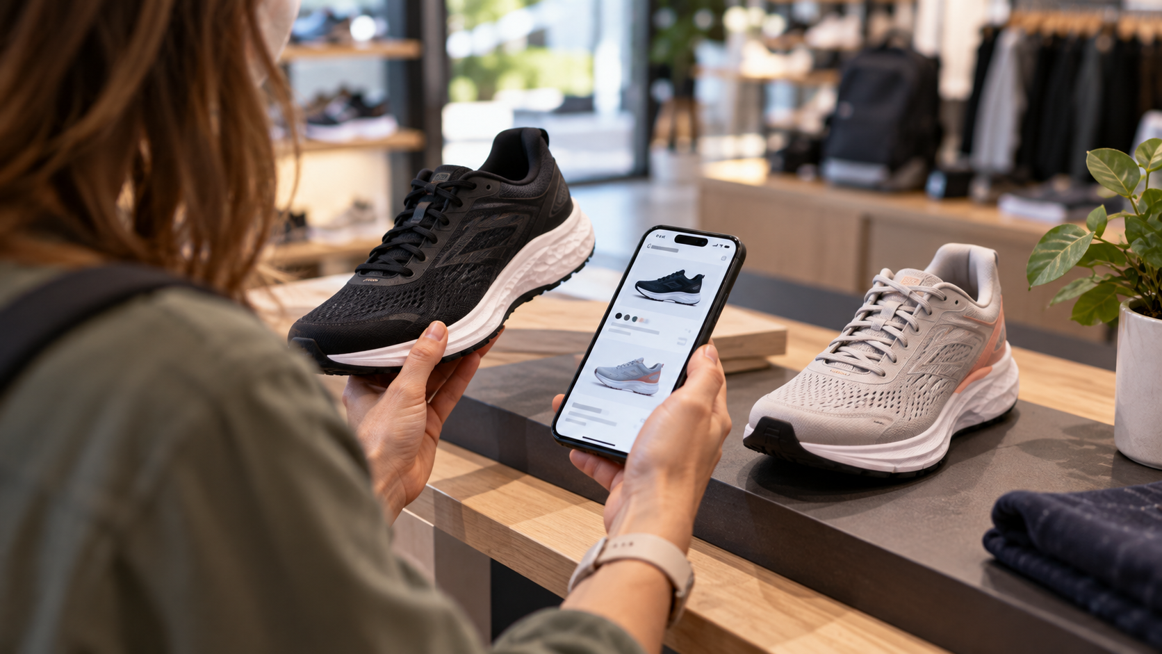 Cliente confronta due modelli di scarpe sportive in negozio consultando informazioni sullo smartphone.
