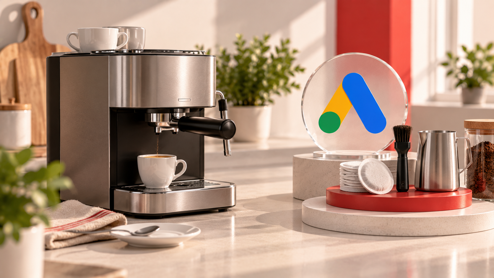 Macchina da caffè già acquistata accanto a una proposta Google Ads di accessori complementari, tra cui filtri e strumenti per la pulizia.