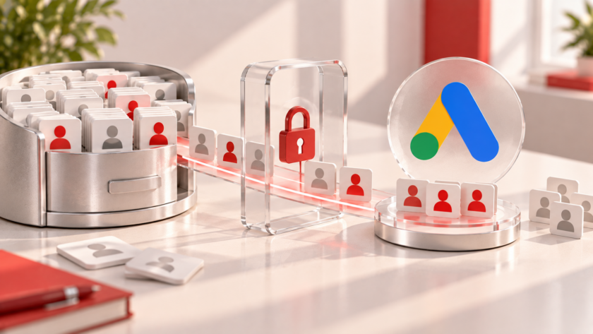 Archivio clienti collegato a Google Ads attraverso un sistema di selezione protetto che genera un segmento di pubblico più ristretto.