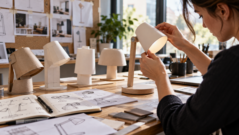 Designer perfeziona un prototipo in laboratorio, circondato da schizzi e versioni precedenti del progetto.