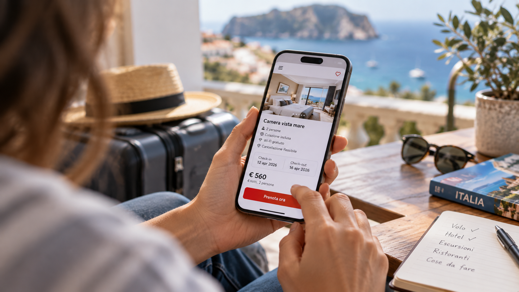 Persona consulta da smartphone una pagina di prenotazione alberghiera con date, prezzo e dettagli della camera.