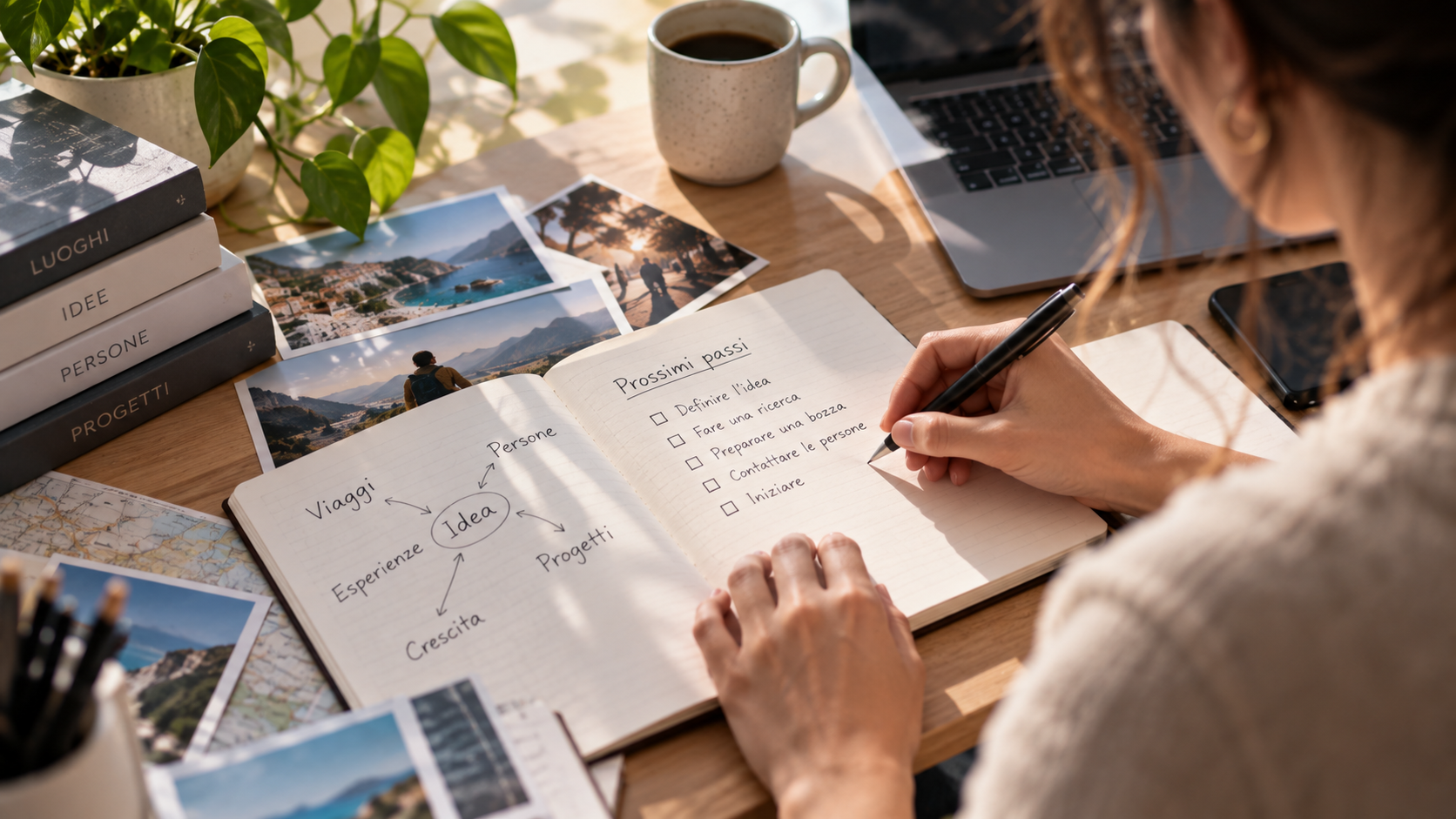 Professionista scrive i primi passi di un progetto su un quaderno, trasformando un'idea futura in un'azione presente.