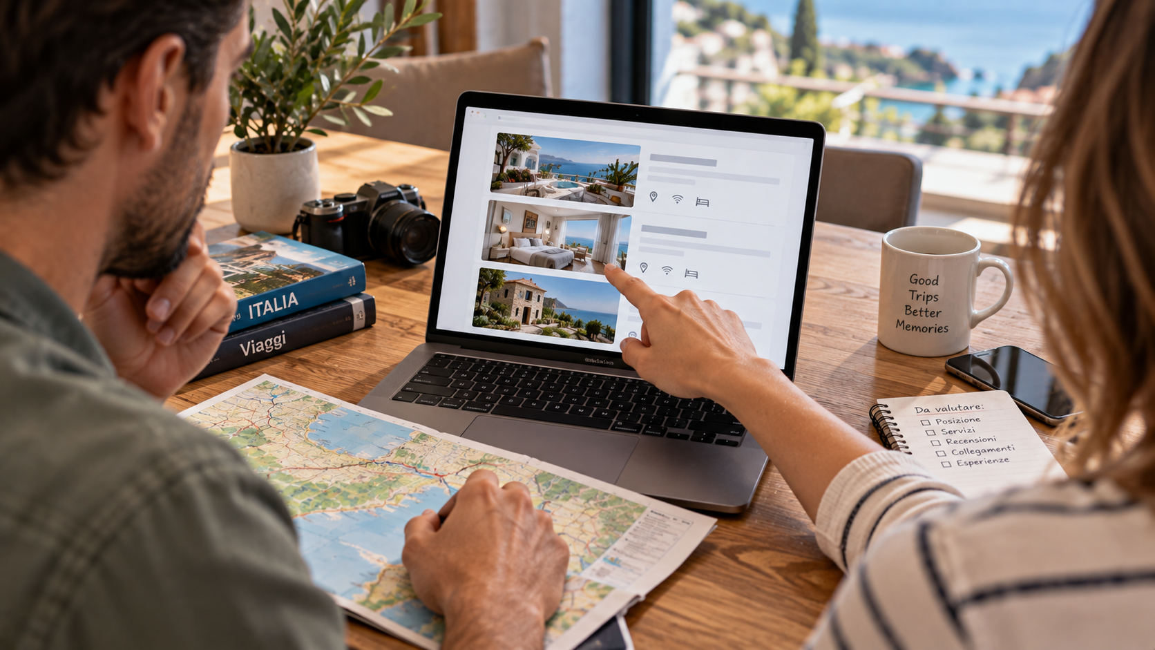 Due viaggiatori confrontano strutture ricettive sul laptop e consultano una mappa per scegliere dove soggiornare.