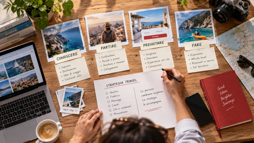 Piano di strategia pubblicitaria per il turismo con materiali dedicati alla scoperta, al confronto, alla prenotazione e alle attività a destinazione.