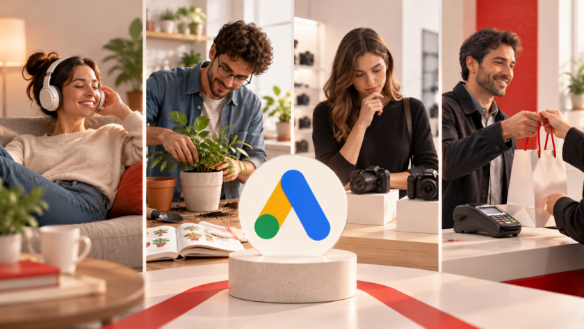 Quattro situazioni rappresentano i momenti in cui le persone cercano intrattenimento, imparano, confrontano prodotti o acquistano, con il simbolo Google Ads.