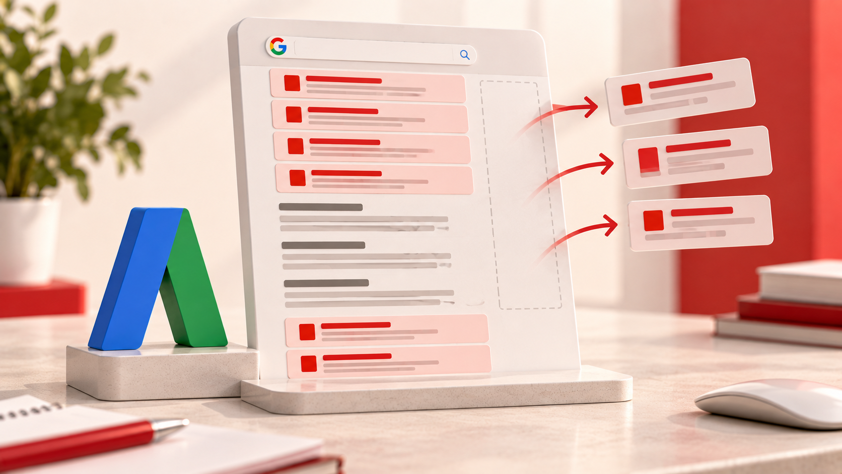 Rappresentazione del cambiamento dei risultati Google nel 2016, con gli annunci testuali concentrati sopra e sotto i risultati organici e la colonna laterale liberata.