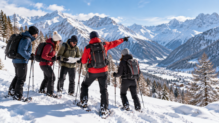 Illustrazione di una squadra con le ciaspole impegnata in un’esercitazione di leadership sulla neve a Cogne.