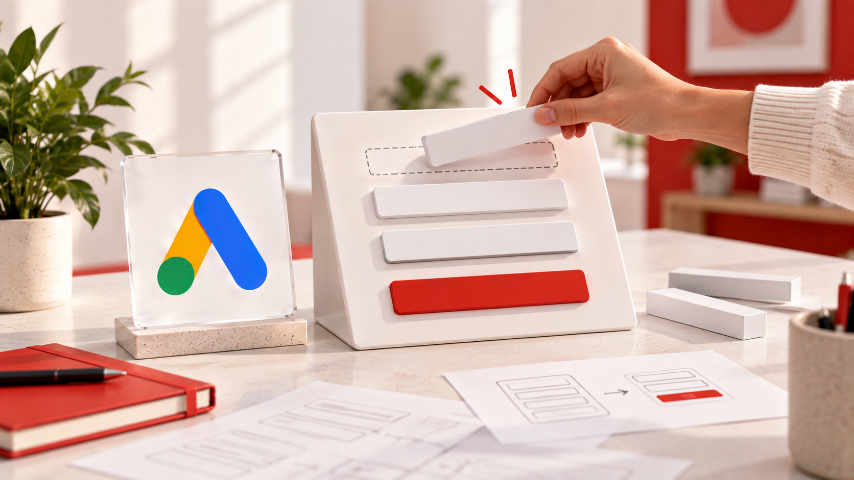 Prototipo di un modulo di contatto con una mano che rimuove un campo superfluo, accanto al simbolo Google Ads.