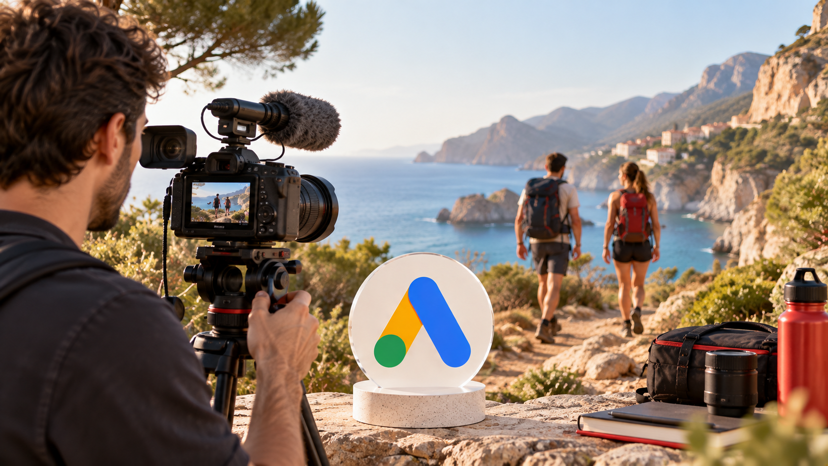 Videomaker riprende due escursionisti lungo una costa mediterranea, con il simbolo Google Ads accanto all'attrezzatura video.
