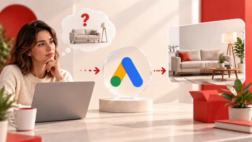 Una persona cerca di risolvere un problema di irrigazione e trova una soluzione pratica pertinente, con il simbolo Google Ads che rappresenta la possibilità di intercettare il bisogno.