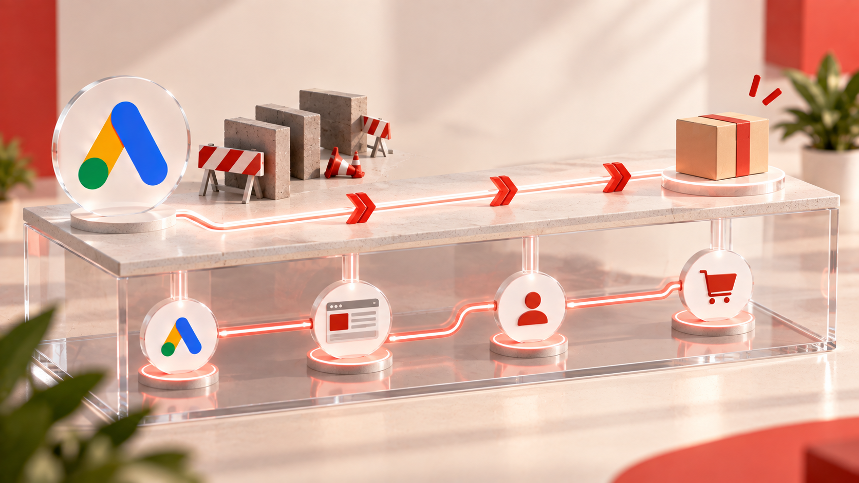 Percorso Google Ads con ostacoli rimossi e collegamenti sottostanti che rappresentano la misurazione delle interazioni fino all'acquisto.
