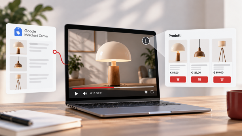 Illustrazione del formato TrueView for Shopping con un annuncio video YouTube affiancato da schede prodotto collegate all'e-commerce.