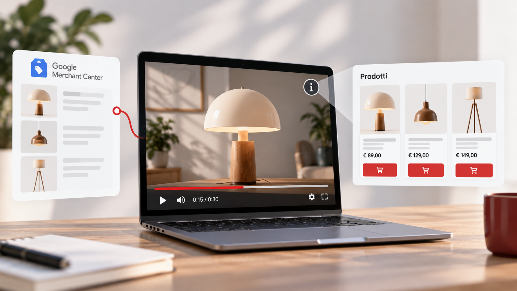 Illustrazione del formato TrueView for Shopping con un annuncio video YouTube affiancato da schede prodotto collegate all'e-commerce.