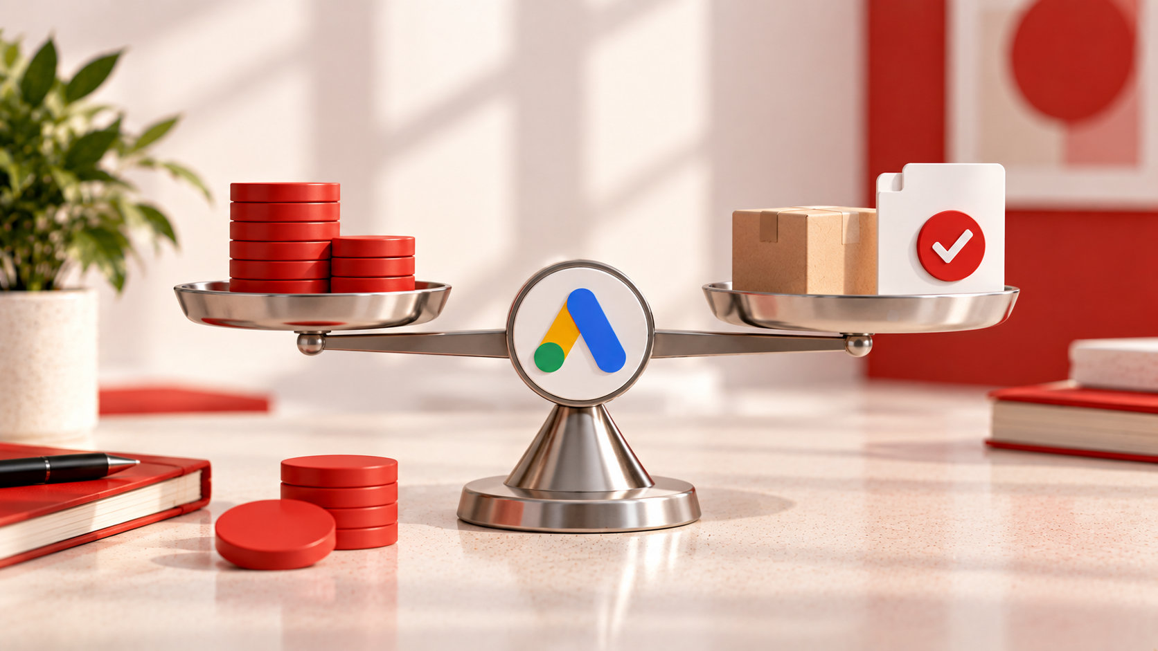 Bilancia con il simbolo Google Ads che confronta il budget pubblicitario con i risultati commerciali rappresentati da un pacco e una richiesta confermata.