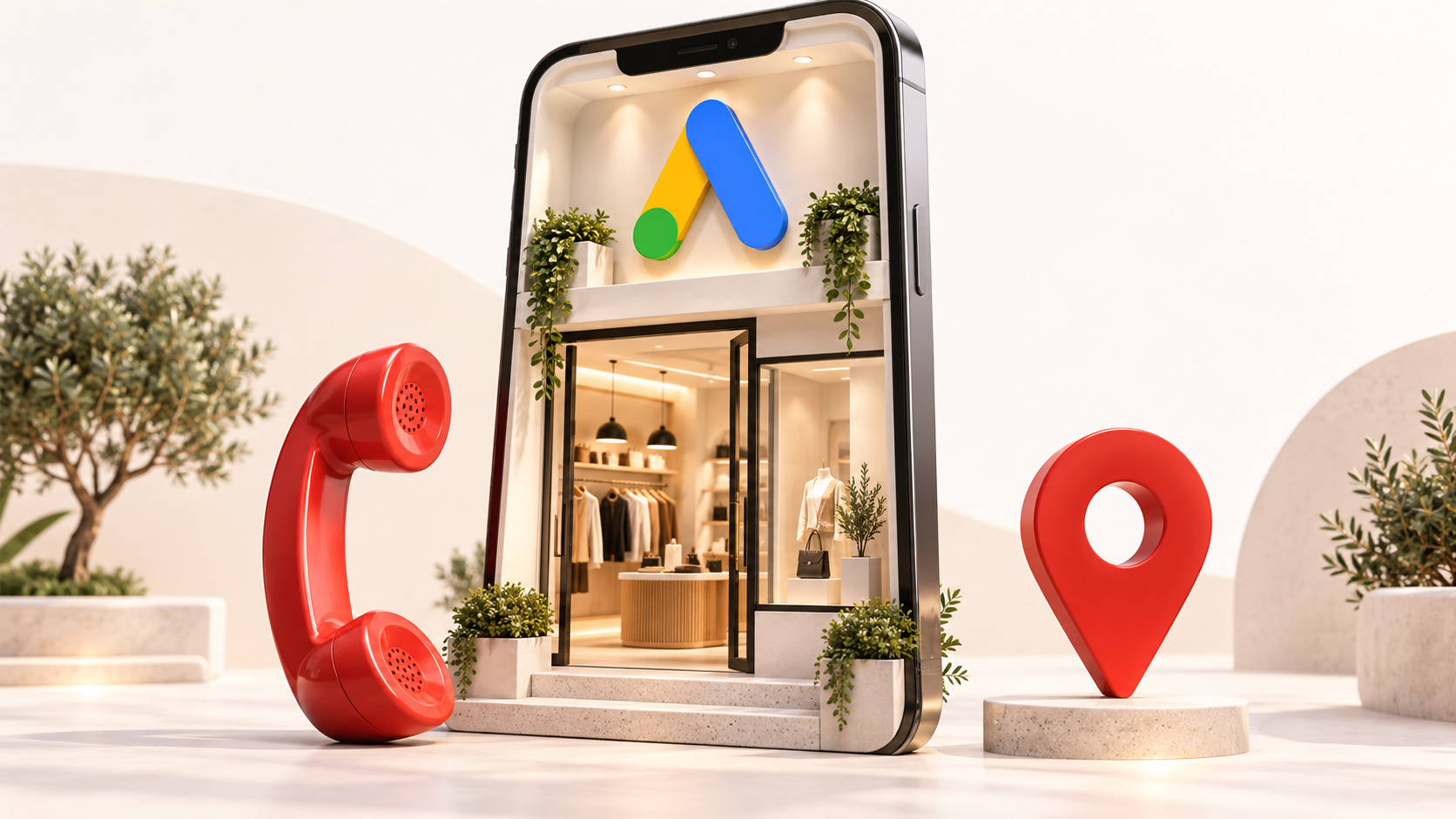 Smartphone trasformato in un accesso diretto a un'attività commerciale, con simbolo Google Ads e riferimenti alle funzioni di chiamata e localizzazione.