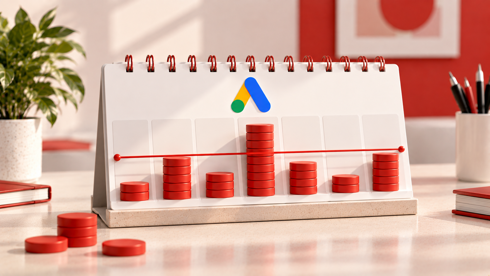 Calendario Google Ads con sette giornate e pile di dischi rossi di altezza diversa che rappresentano la variabilità della spesa rispetto al budget giornaliero medio.