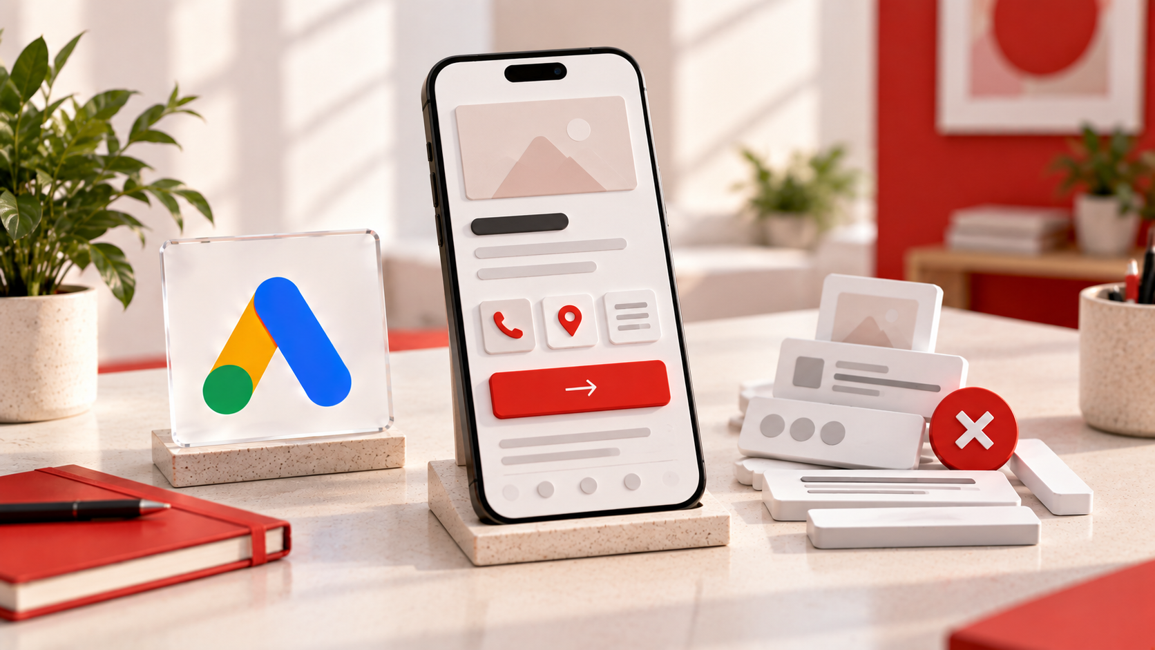 Prototipo fisico di una landing page mobile con pulsante ben visibile e pochi elementi essenziali, pensato per facilitare l’azione dopo un clic da Google Ads.