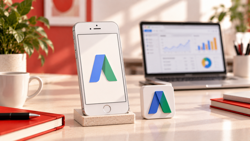 iPhone con riferimento alla storica app Google AdWords del 2016, accanto a una postazione di lavoro, per rappresentare la gestione delle campagne pubblicitarie in mobilità.