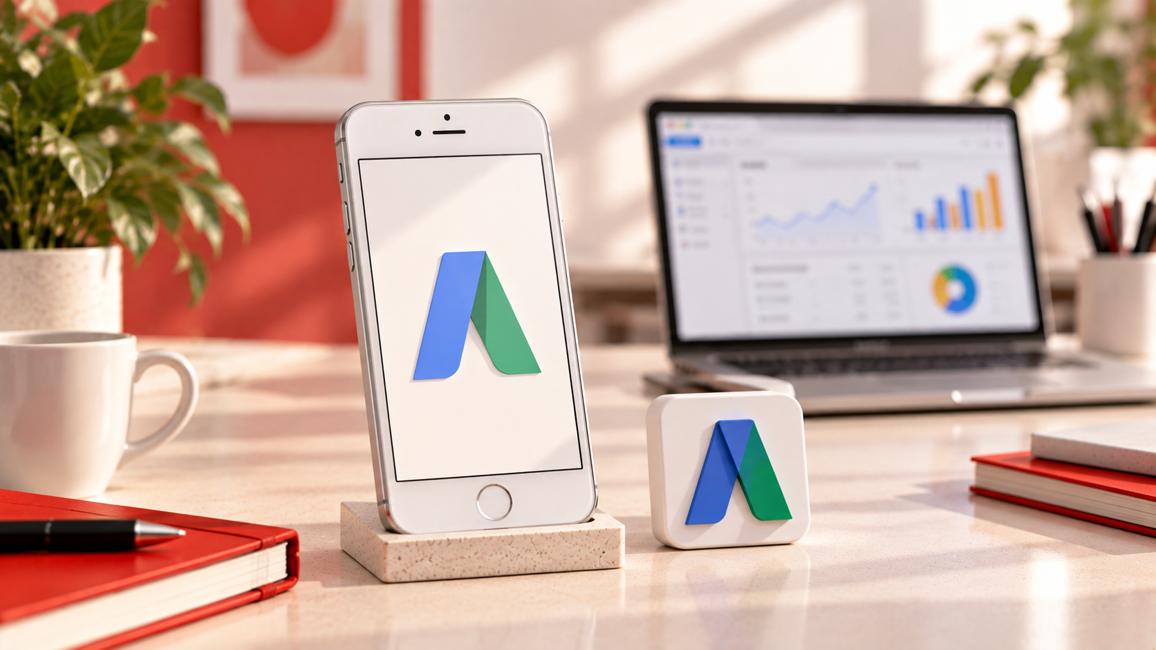 iPhone con riferimento alla storica app Google AdWords del 2016, accanto a una postazione di lavoro, per rappresentare la gestione delle campagne pubblicitarie in mobilità.