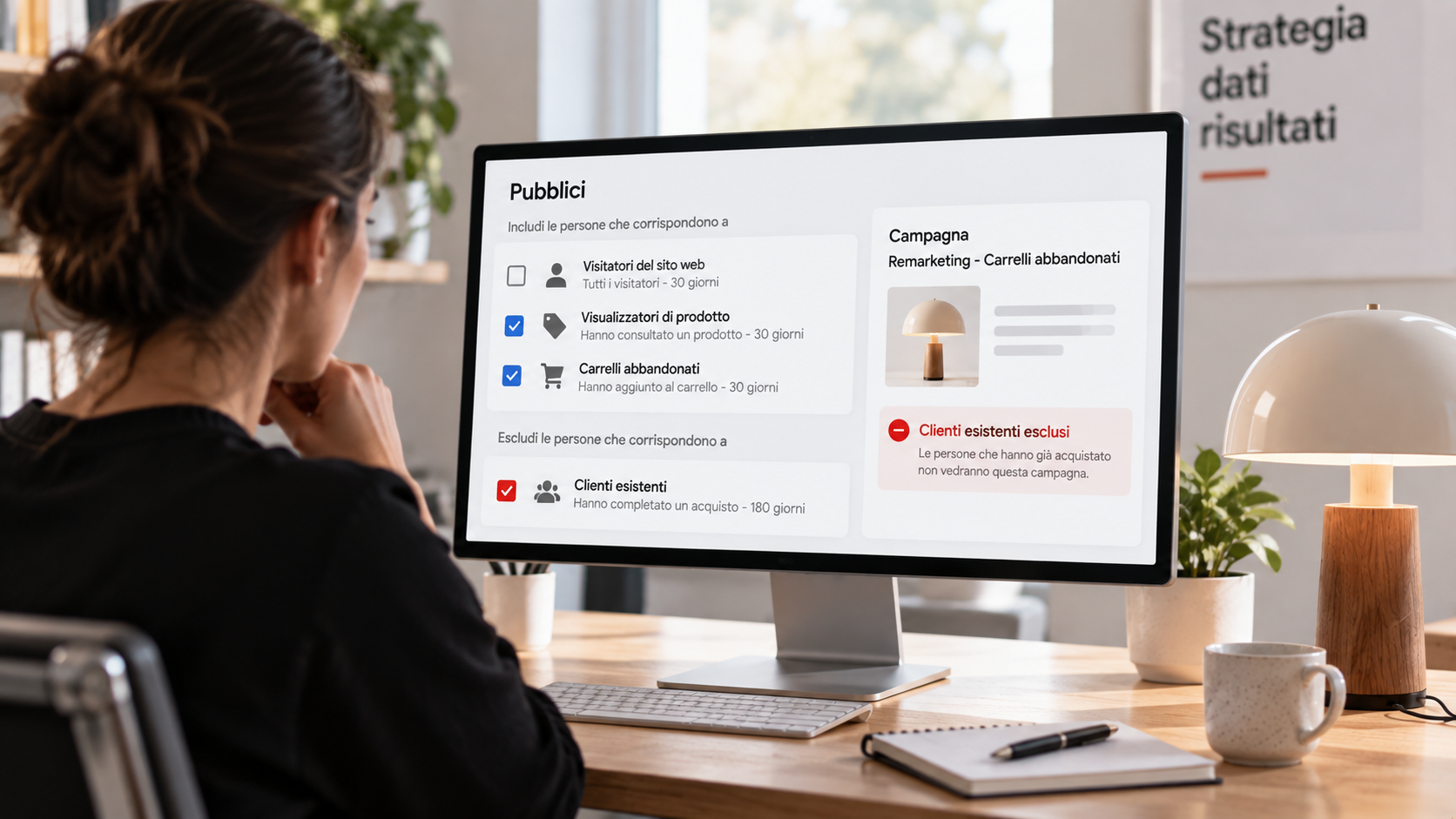 Professionista verifica l'esclusione dei clienti che hanno già acquistato da una campagna di remarketing per carrelli abbandonati.