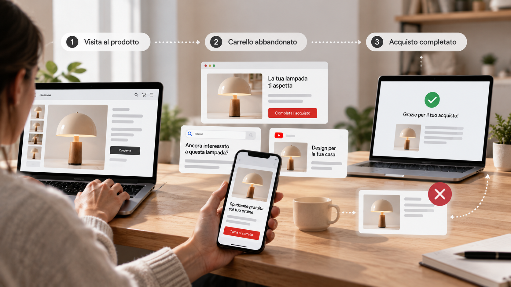 Illustrazione di una strategia di remarketing integrato che coordina visita al prodotto, carrello abbandonato ed esclusione dopo l'acquisto.