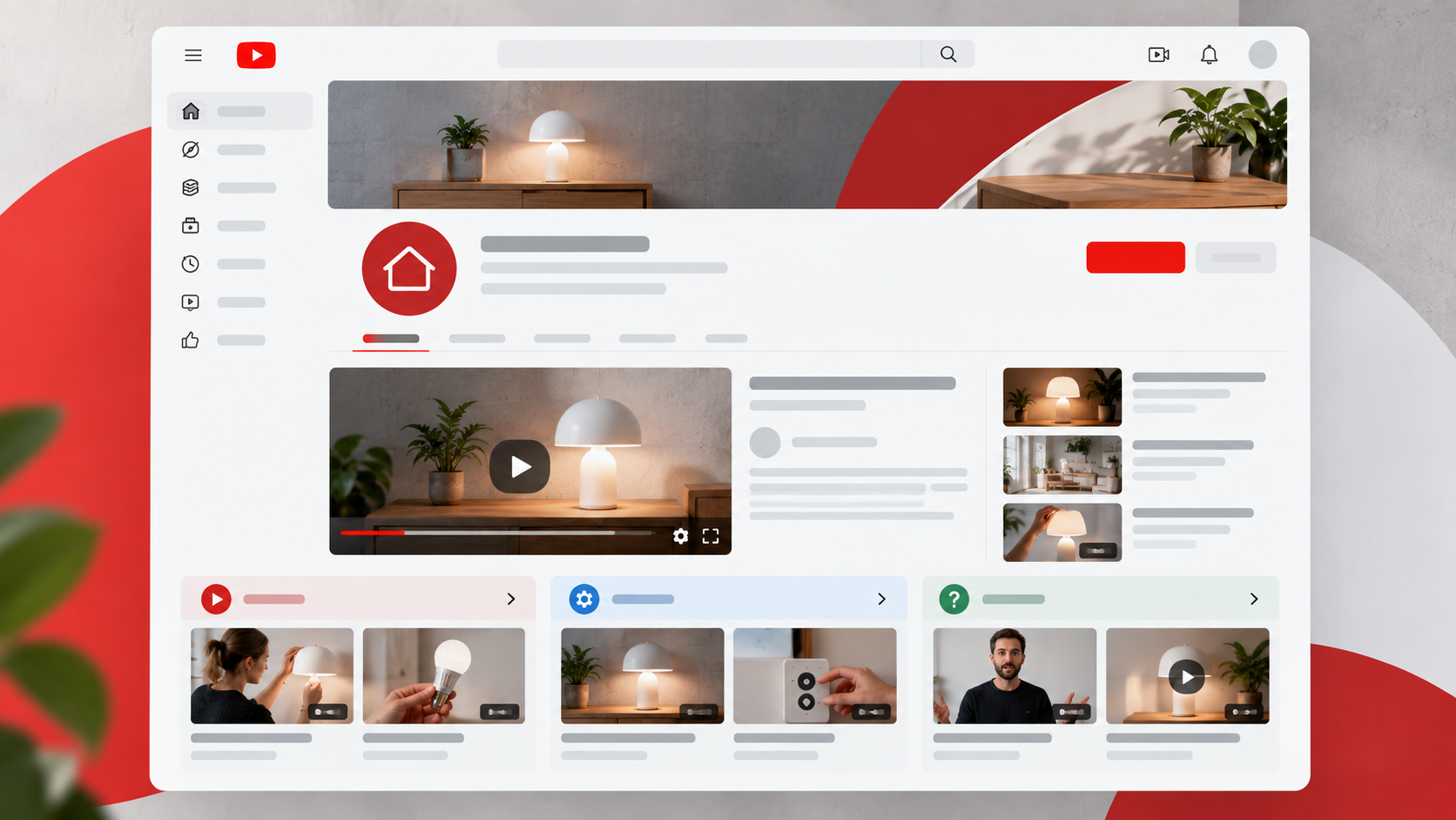 Illustrazione della homepage di un canale YouTube aziendale organizzata con video di presentazione, tutorial, dimostrazioni e domande frequenti.
