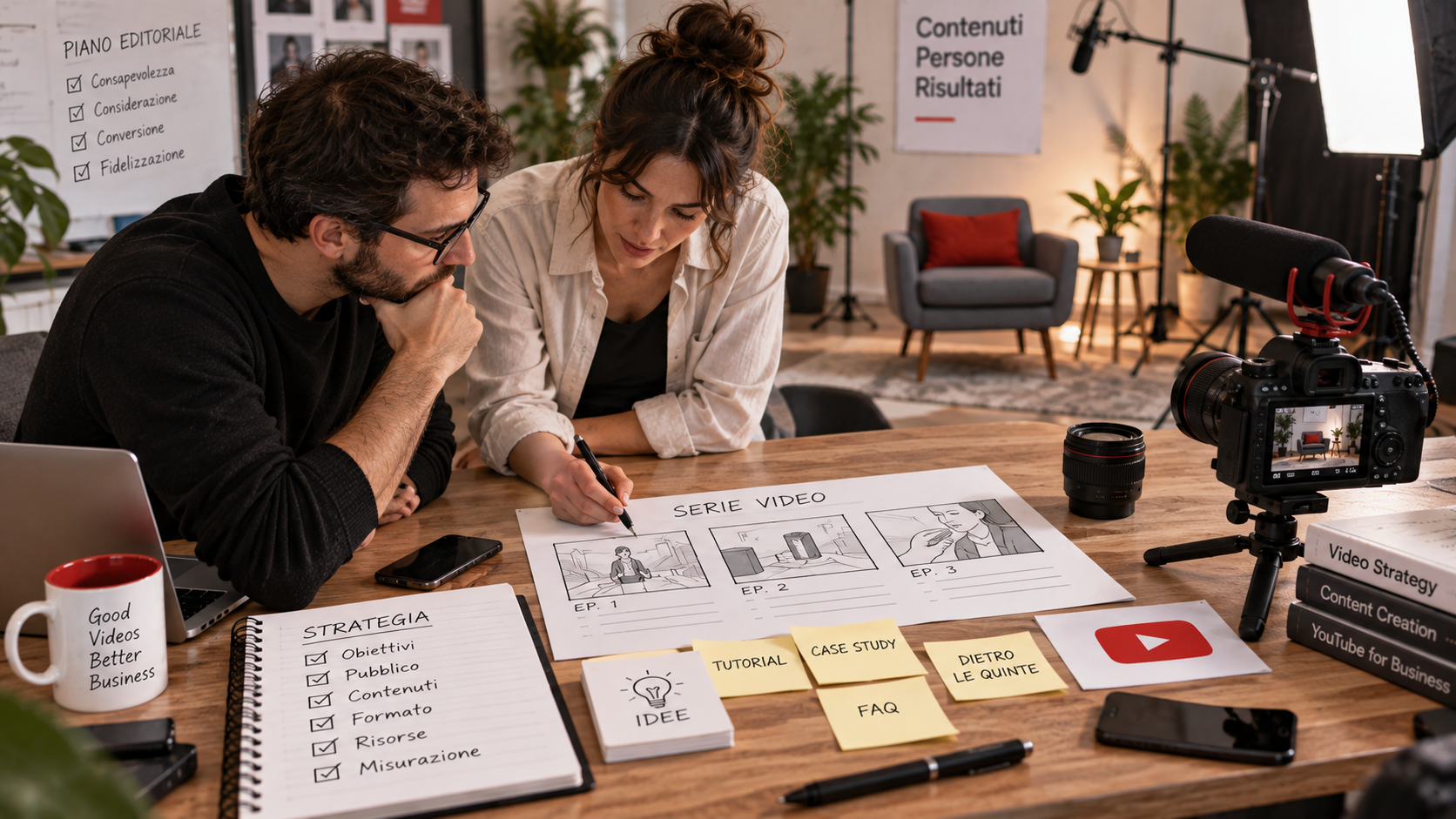 Due professionisti progettano una serie di video aziendali con storyboard, videocamera e set di registrazione.
