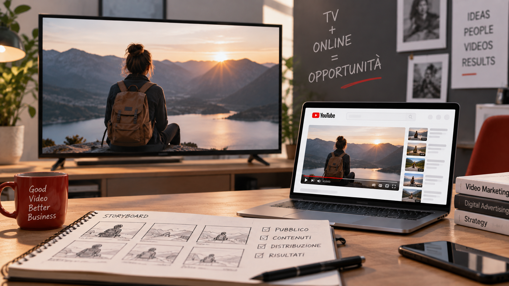 Illustrazione di uno studio creativo con uno spot pubblicitario mostrato su un televisore e su un laptop con YouTube.